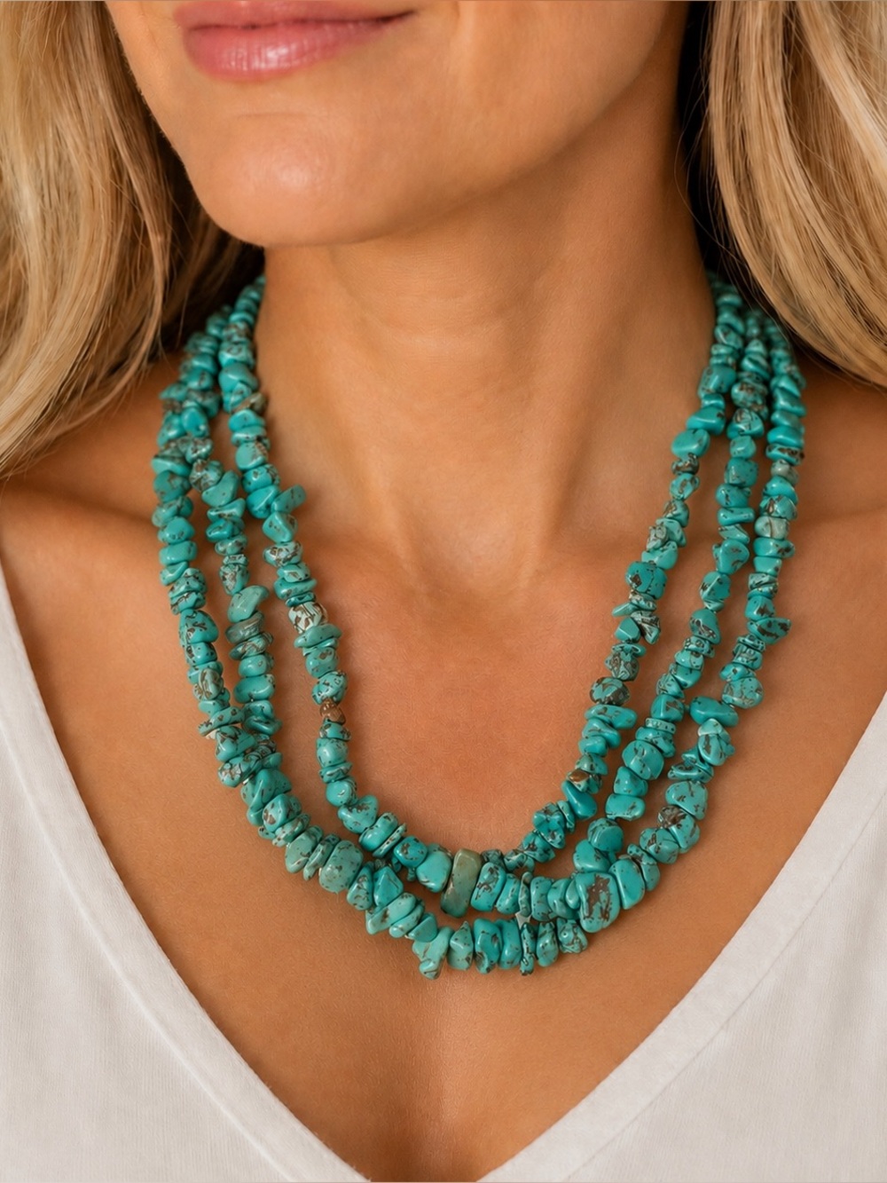 Turquoise Southwestern Chip Triple Strand Necklace With Silver Colored Metal